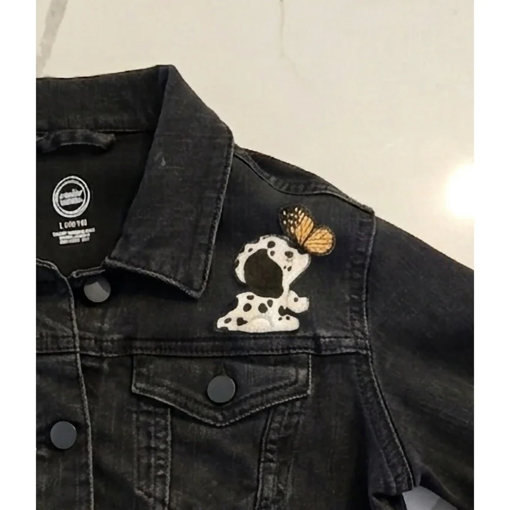 Wonder Nation L 10-12 Puppy Denim Jacket Kids Girls Black Frayed Patch Trucker